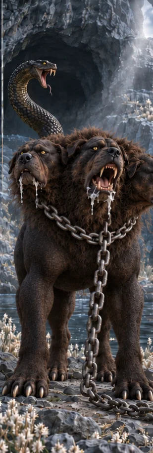Cerberus, hound of the underworld, full-length portrait