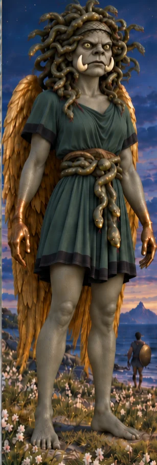 Medusa, the Gorgon whose gaze turns to stone, full-length portrait